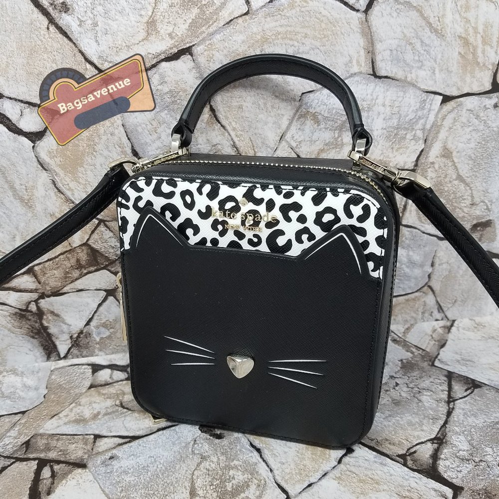 Daisy Vanity Crossbody Meow Cat Leather Bag Top Handle Purse Black Kate spade - Picture 2 of 9